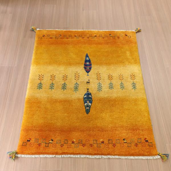 ギャッベ イラン産手織りラグ 142x100cm オレンジ イエロー 糸杉の