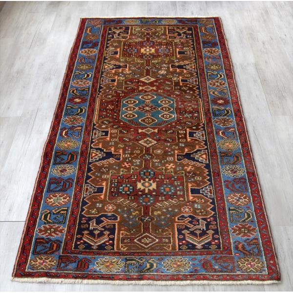 ペルシャ絨毯 トライバルラグ トラスト ワイドランナー 5x103cmタレガン ブラウンとトルコブルーの幾何学模様