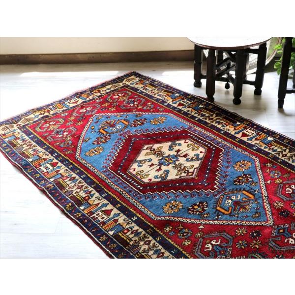 上品本物保証 エリアラグ トルコ手織り絨毯 ヤヒヤルじゅうたん セッヂャーデ 174x104cm 青い六角メダリオン 村の風景のボーダー 高い素材