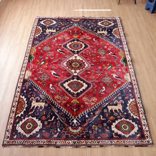 トライバルラグ カシュカイ族の手織り絨毯 258x170cm 赤い六角