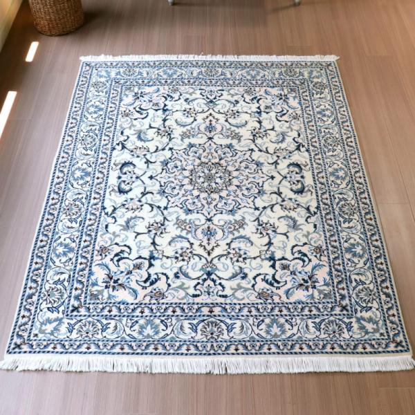 ペルシャ絨毯 ナイン産 12L 195x148cm アイボリー 花のアラベスク
