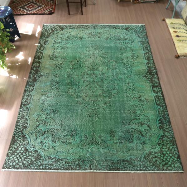 オーバーダイド ヴィンテージラグ グリーン トルコ手織り絨毯 アップ