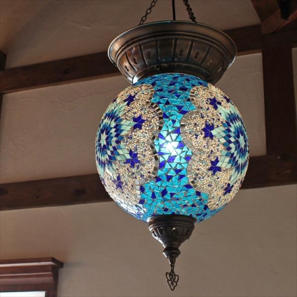 トルコランプ モザイクガラスランプ 大型ペンダントライト エスニック直径30ｃｍ 贈答 ミニクリプトン電球 ブルーフラワー E17 25w