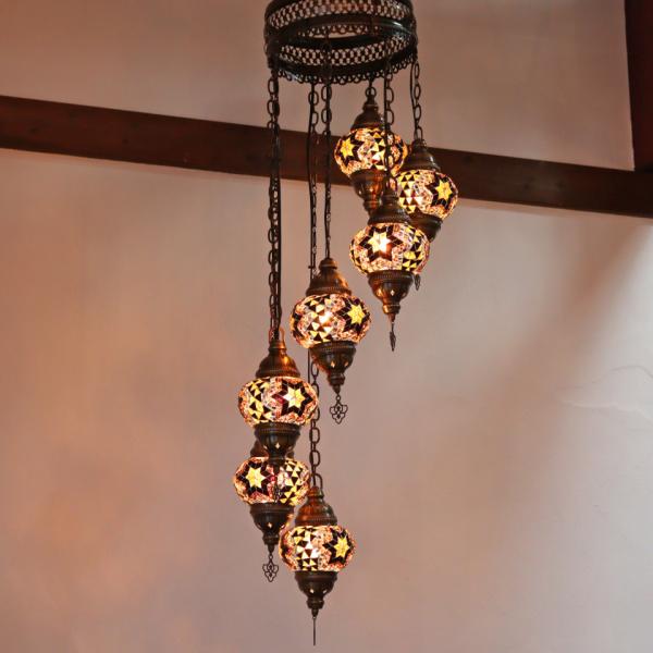 トルコランプ モザイクランプ シャンデリア 7灯 螺旋 全高126cm 直径