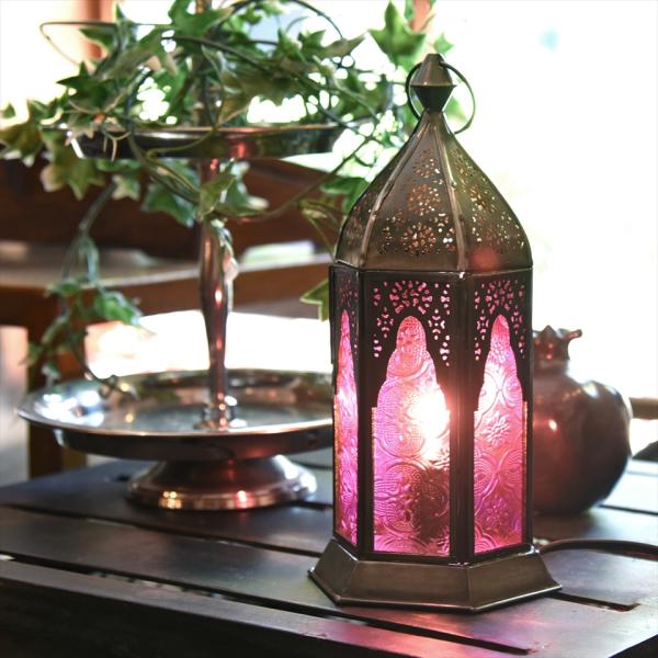 モロッコランタン テーブルランプ フューシャピンク 高さ24cm 6面の