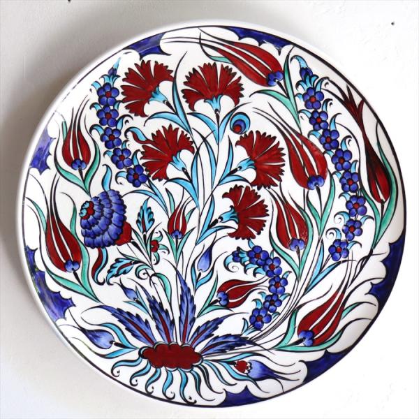 トルコ 手書き絵皿 直径32.5cm 飾り絵皿 チューリップとカーネーション