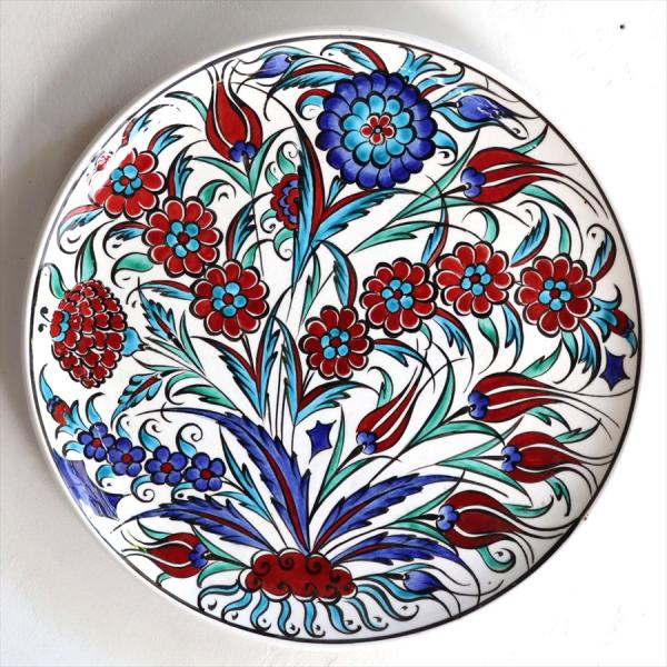 トルコ 手書き絵皿 直径32.5cm 飾り絵皿 チューリップとカーネーション