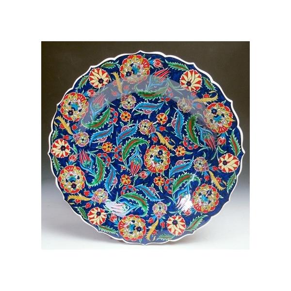 全国どこでも送料無料 繊細な手描きのトルコ キュタフヤ陶器 飾り皿 工芸品 民芸品 トルコ トルコ雑貨 サズとカーネーション キュタフヤ産手書き陶器の飾り皿40cmプレート 立体釉薬