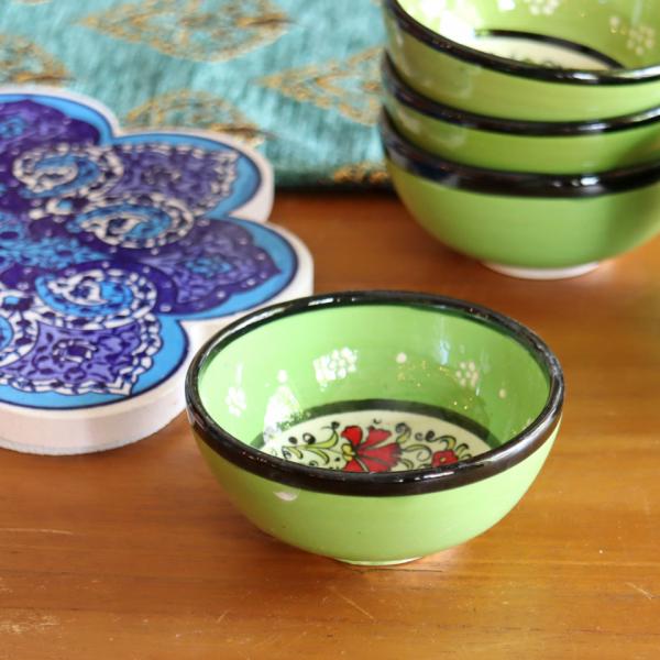 トルコ製 ボウル 小物入れ (キュタフヤ陶器) 8cm グリーン 【デザイン