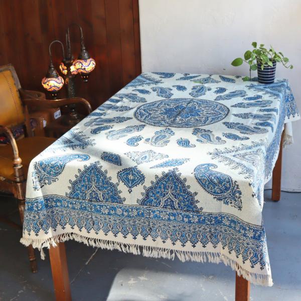 商品番号：　sa200-441 サイズ　：　約196×130cm（房を除く）  素　材　：　綿100%  制　作　：　イスファハン・イラン   <Key：コットン 染色 ブロックプリント 木版 捺染 伝統工芸 ペルシャブルー ペイズリ...