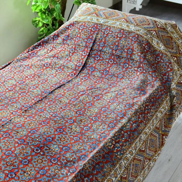 ペルシャ更紗 ガラムカール 国内在庫 イラン 手染布 240cmサイズ長方形アンティークデザイン ソファーカバー 226x147cm フラワー ベッド カバー アンバー