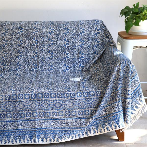 ペルシャ更紗 イラン手染め布 264x208cm ブルー アンティークデザイン