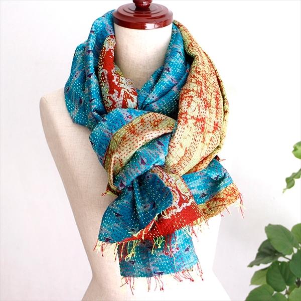 芸能人愛用 インドの古布 カンタ刺繍 シルクストール India刺し子 赤と黄色の刺繍 絣とマーブル模様 Embroidery Kantha 財布 帽子 ファッション小物 Www Reinnec Cl