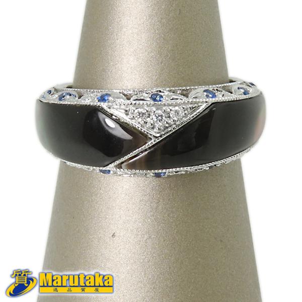 K18WG ブラックシェル リング】11号 約3.5g ダイヤモンド サファイア