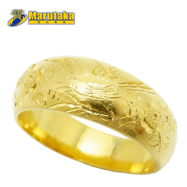 純金 花 鳥 モチーフ リング K24 9.9g 彫柄 甲丸 指輪 フラワー バード