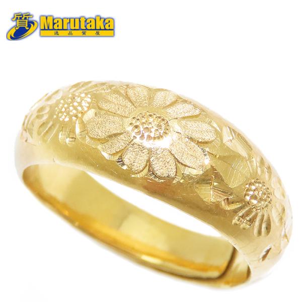 純金 彫柄 リング K24 11.2g フリーサイズ 15号 YG 甲丸 美品 菊 花