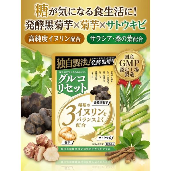 【当店オリジナル国内製造正規品】グルコリセット 発酵黒菊芋 菊芋 サプリ イヌリン 35000mg 高配合 サラシア 桑の葉 サトウキビ 食物繊維 国産 120粒 30日分 錠剤 健康 美容 サプリメント 【GMP認定工場製造】
