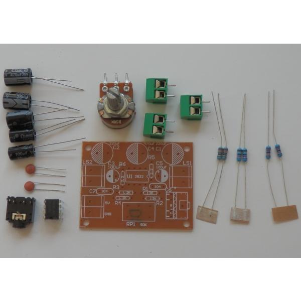 小型ステレオアンプの組立てキットです。TDA2822M互換品 (TDA2822Lなど) 使用。DC2V〜12Vの電源で動作します。BTLではなく、左右入出力のマイナス側がグランド接続なので、ヘッドホンやイヤホンなどの3極入出力も対応可能です...