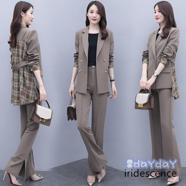 セットアップ レディース 秋 40代 コーデ フォーマル アウター コート チェック柄 長ズボン パンツスーツ 大きいサイズ きれいめ おしゃれ 着痩せ 通勤 OL セットアップ レディース 秋 40代 コーデ フォーマル アウター コート