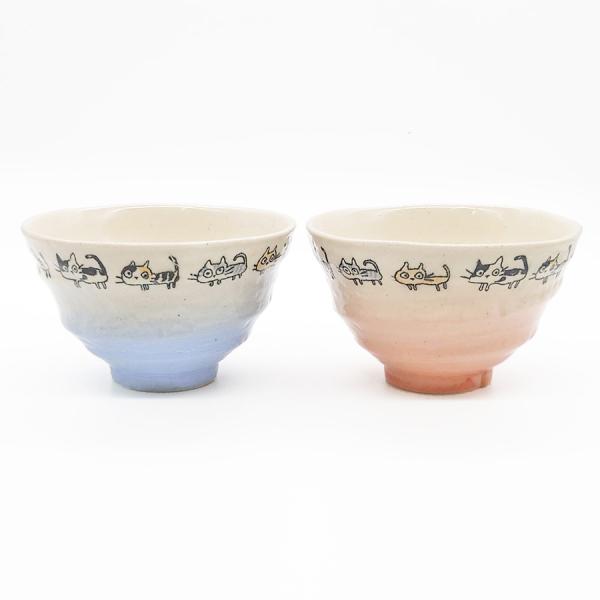 美濃焼 茶碗 ペア 行進ネコ 猫 夫婦茶碗 結婚祝い おしゃれ 飯碗 青 朱 ピンク 日本製 陶器 焼き物 和食器 かわいい