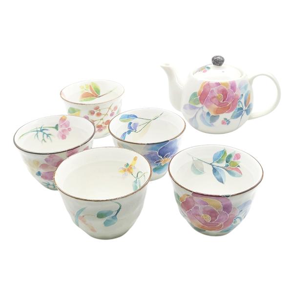 花 ことば ティーポット 湯呑 ５客セット おしゃれ 急須 茶碗 茶器セット 湯飲み 花柄 陶器 日本製 ＆藍 かわいい