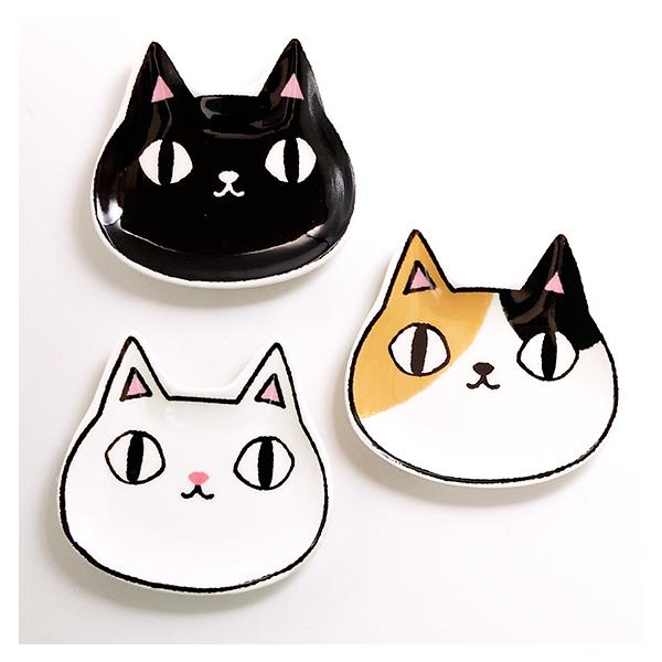 にゃん屋 猫３兄弟 顔 小皿 ３枚セット    猫 ネコ ねこ 和食器 陶器 磁器 焼き物 黒猫 白猫 三毛猫 かわいい おしゃれ