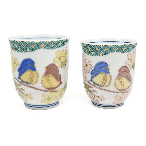 九谷焼 湯呑み ペア 小紋花福雀 夫婦湯呑 夫婦茶碗 茶碗 和食器 焼き物