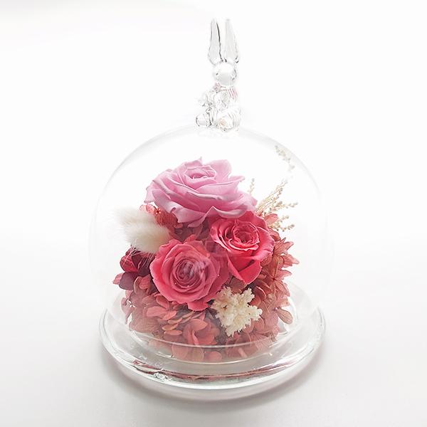 プリザーブドフラワー プレゼント ガラス ドーム ピンク ウサギ うさぎ