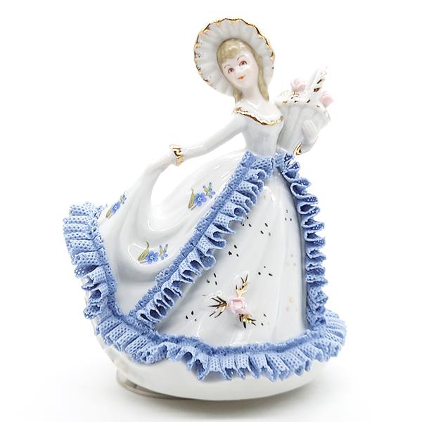 ニデックインスツルメンツ 陶器 レース 人形 オルゴール 花 ブルー 青