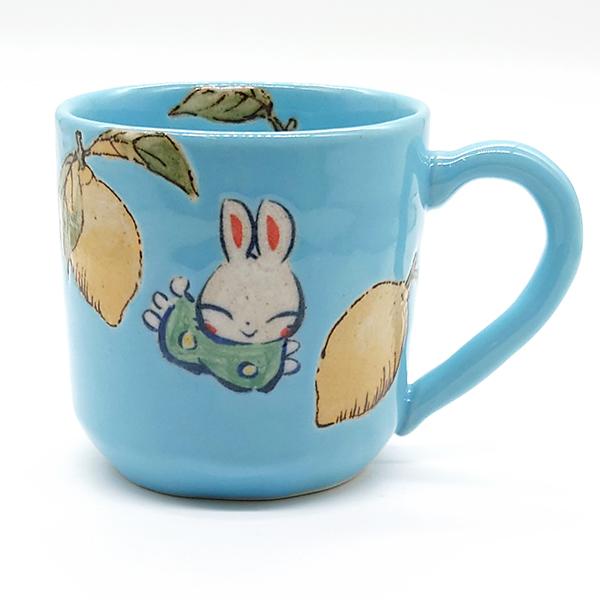 夕立窯 レモンとうさぎ マグカップ トルコブルー 陶器 和食器 焼き物