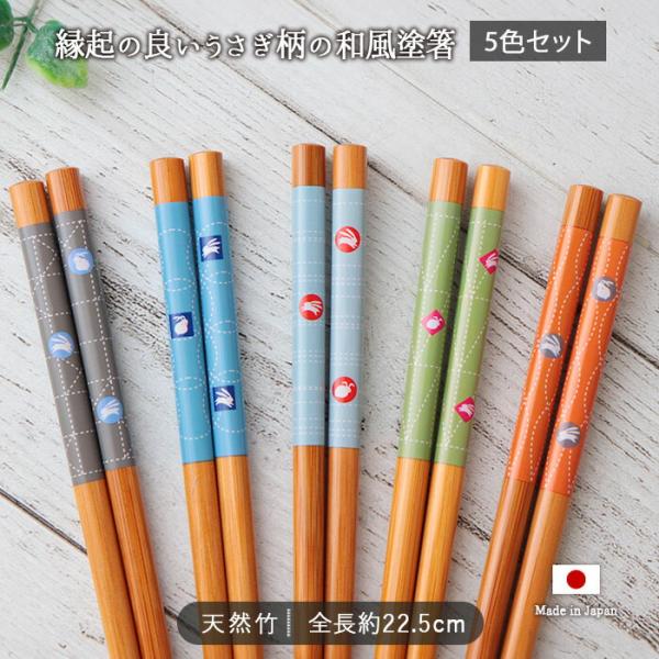 箸 食洗機対応 羽うさぎ 塗箸 5色セット 全長22.5cm 5膳 日本製 天然竹