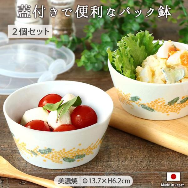 みのる陶器 ミモザ パック鉢 蓋付 M 径13.8cm 2個セット 日本製 美濃焼