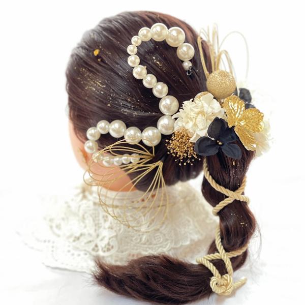 パールチェーンタッセル　卒業式髪飾り　成人式　結婚式　水引　金箔　袴　七五三マム 送料無料 パールチェーン付き タッセル飾り紐とドライフラワーの