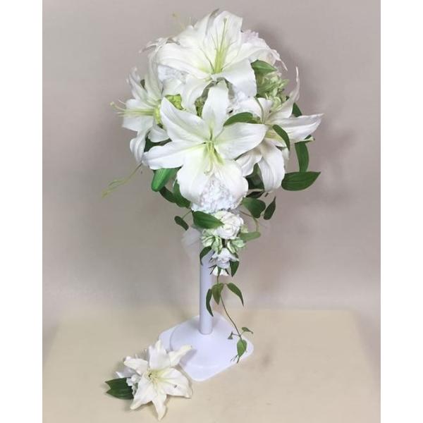 激安 激安セール高評価 ウエディングブーケ ブートニア ブートニア セット セット カサブランカ メイン キャスケードブーケ 白 バラ カサブランカ バラ アートフラワー