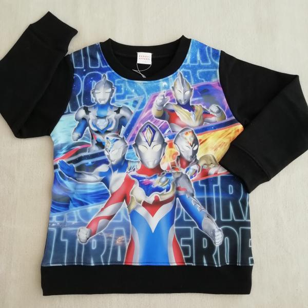 ウルトラヒーロー ミニ裏毛　トレーナー 長袖 キッズ 子供 男の子 ウルトラマン デッカー トリガー ゼット  FR8913　ブラック　110cm/120cm