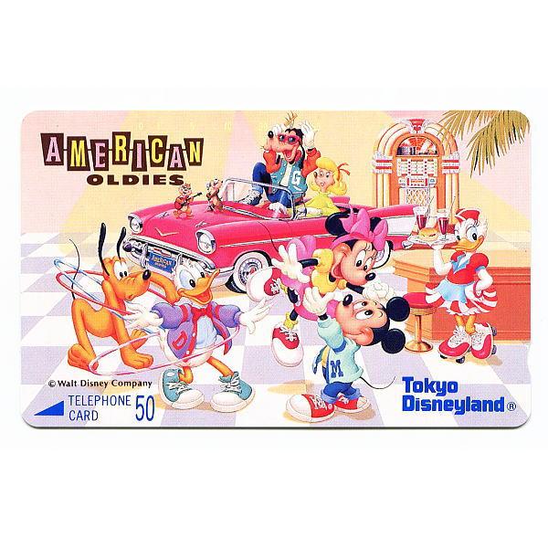 TDLアメリカン・オールディーズテレホンカード東京ディズニーランド1989年テレホンカード50度数台紙なし　未使用ミッキー、ミニー、ドナルド、グーフィー、プルート、デイジー、チップ＆デール
