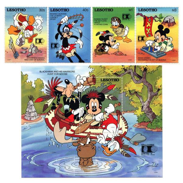 ミッキー＆ドナルド＆グーフィー切手/小型シート1枚＆切手4枚（World Columbian Stamp Expo 92）発行国Lesotho1992年発行小型シート：10.1×12.7cm未使用これでフルセットですA4クリアファイルに収ま...