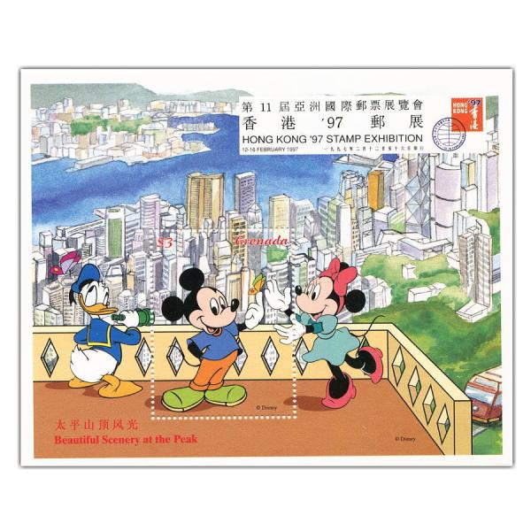 ミッキー＆ミニー＆ドナルド小型シート（香港ピーク）香港'97第11回アジア国際切手展発行国Grenada1997年10.8×13.2cm未使用
