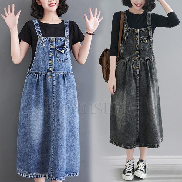 デニムワンピース マキシ丈 夏 サロペットスカート デニム