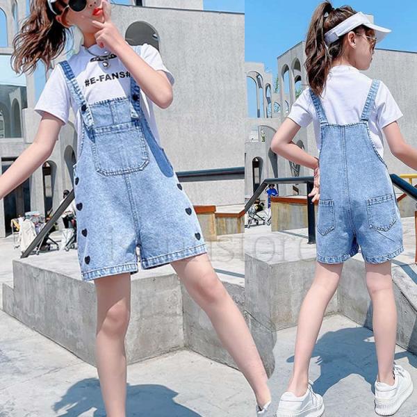 サロペット ショートパンツ デニム 女の子 キッズ ジュニア 子供服 オーバーオール ヴィンテージ ゆったり 刺繍 夏 短パン 半ズボン カジュアル 通学 小学生 2133 1470 イセンストア 通販 Yahoo ショッピング