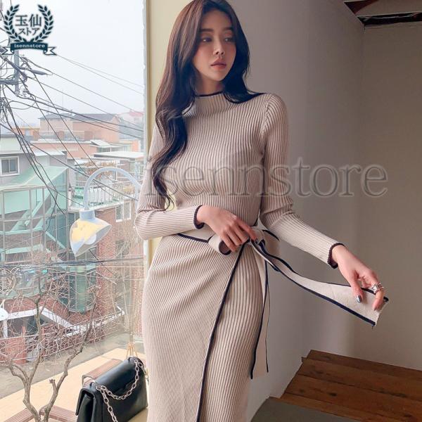 ニットワンピース 秋冬 ワンピース ロング きれいめ 配色 女性らしさ