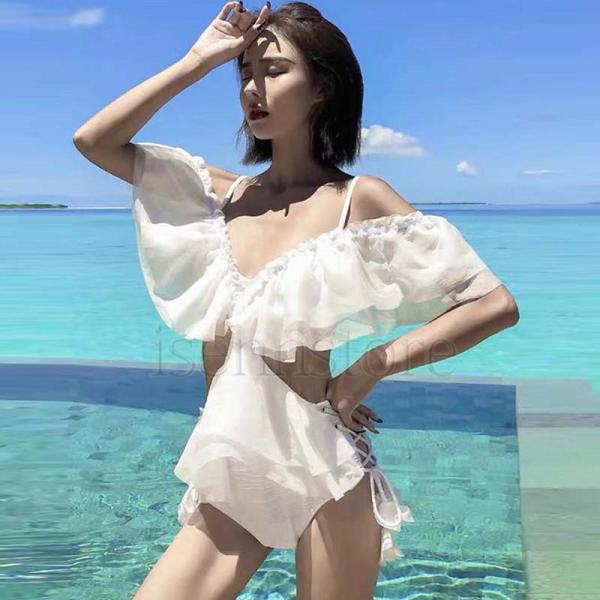レディース オールインワン ワンピース 水着 体型カバー 白 セクシー モノキニ フリル サイドレースアップ ノンワイヤー パッド付き バスト 盛れる 背中見せ