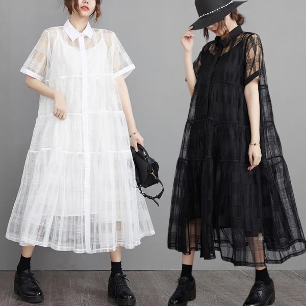オーガンジー シアー ワンピース 半袖 ミモレ丈 レディース レイヤード　シャツワンピース フロントボタン 無地 ペチコート付き 2点セット 春 夏
