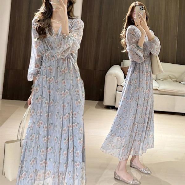 最終値下げ LAYMEE 花柄ロングワンピース Vネック シフォン プリーツ マキシワンピース ロングワンピース シフォンワンピース 花柄 V