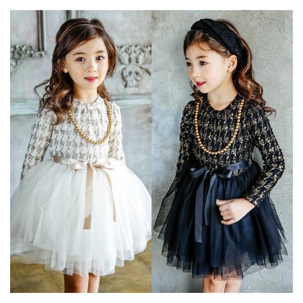 ワンピース 子供服 姫系 韓国風 長袖チュール ドレス ツイード切り替え