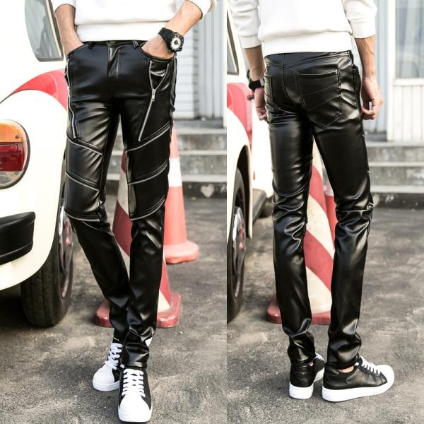 パンツ メンズ PUレザー ハイウエスト スリム ストレート Amazon.co.jp: メンズPUレザーパンツ無地ハイウエストストレート