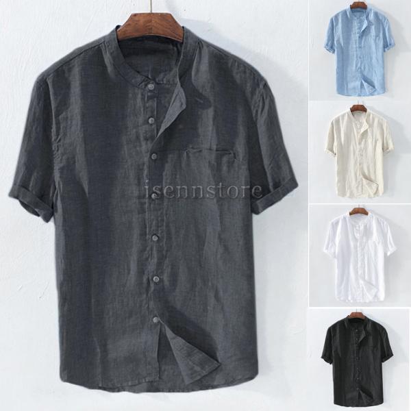 Tシャツ メンズ トップス リネンシャツ 半袖 ノーカラー カジュアルシャツ おしゃれ 無地 綿麻素材 開襟シャツ 薄手 カットソー 大きいサイズ S~5XL