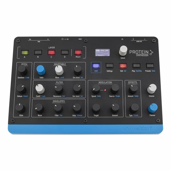 新たなる正真正銘のウェーブテーブルシンセProtein は、オリジナルの Waldorf Microwave 1 の ASIC オシレーターをベースにしつつ、Iridium の技術を取り入れた最新機能 -高度なアルペジエーター、ステップシー...