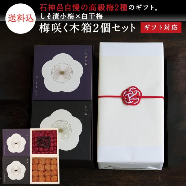 【ギフトセット】梅咲く木箱2個セット（しそ漬小梅×白干梅）【梅干し 梅干 石神邑 南高梅 お歳暮 ギフト プレゼント お取り寄せ 内祝 引出物