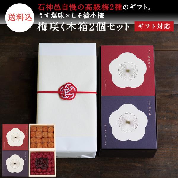 【ギフトセット】梅咲く木箱2個セット（うす塩味×しそ漬小梅）【梅干し 梅干 石神邑 石神 南高梅 お歳暮 ギフト プレゼント お取り寄せ 内祝 内祝 引出物 爆買